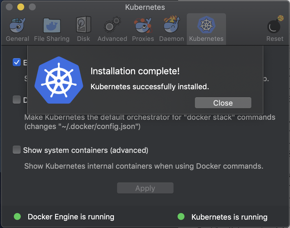 Docker kubernetes インストール完了画面