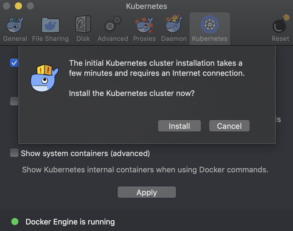 Docker Kubernetesインストール画面