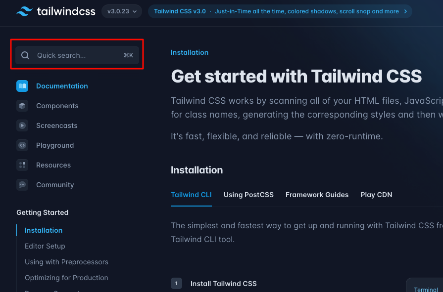 Tailwind CSSのドキュメント検索